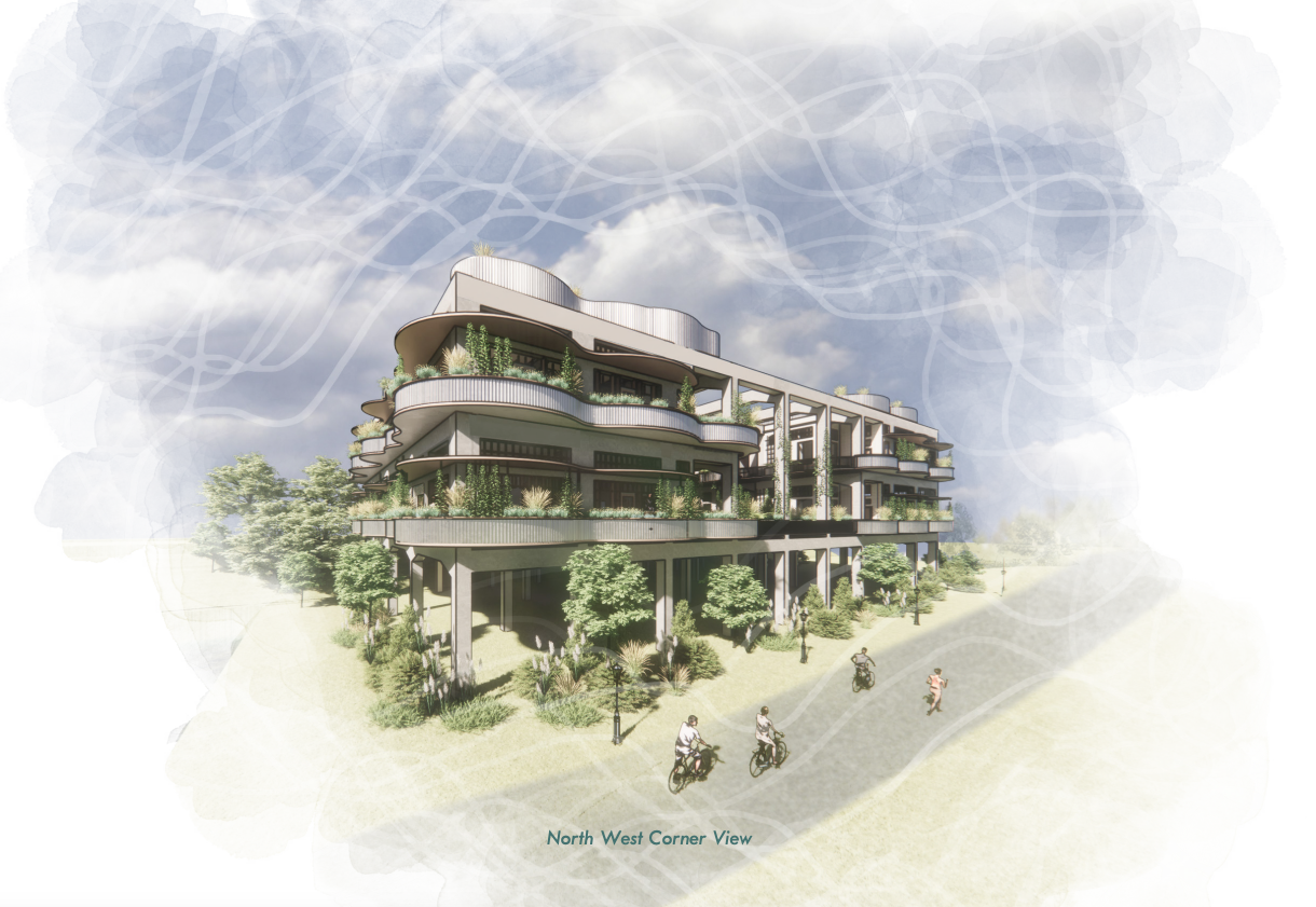 exterior architectural rendering showing a facade and courtyard with lots of green space and people riding their bikes in the foreground